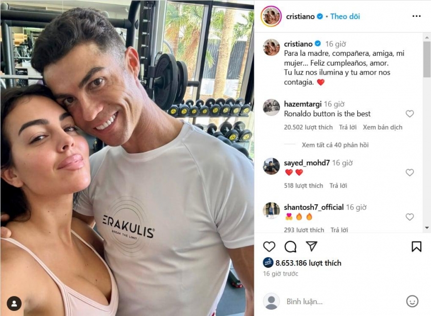 Cristiano Ronaldo gửi lời chúc đầy xúc động đến Georgina Rodriguez nhân dịp sinh nhật tuổi 31