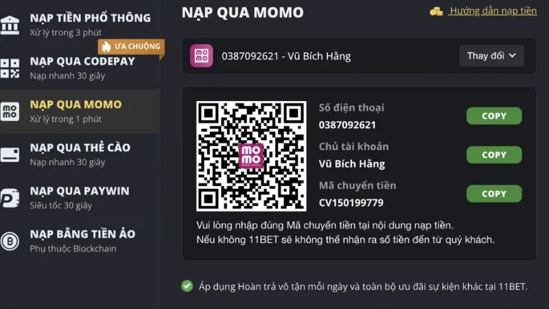 Nạp tiền 11Bet khi quét mã QR cần chú ý 