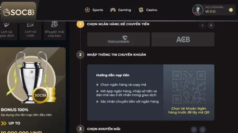 Nạp tiền Soc88 rất dễ dàng và thuận tiện với nhiều phương thức thanh toán khác nhau