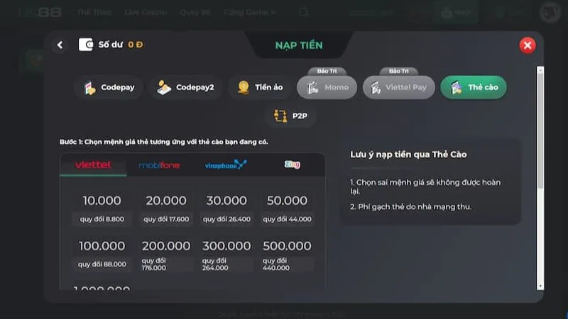 Nạp tiền UK88 bằng thẻ cào